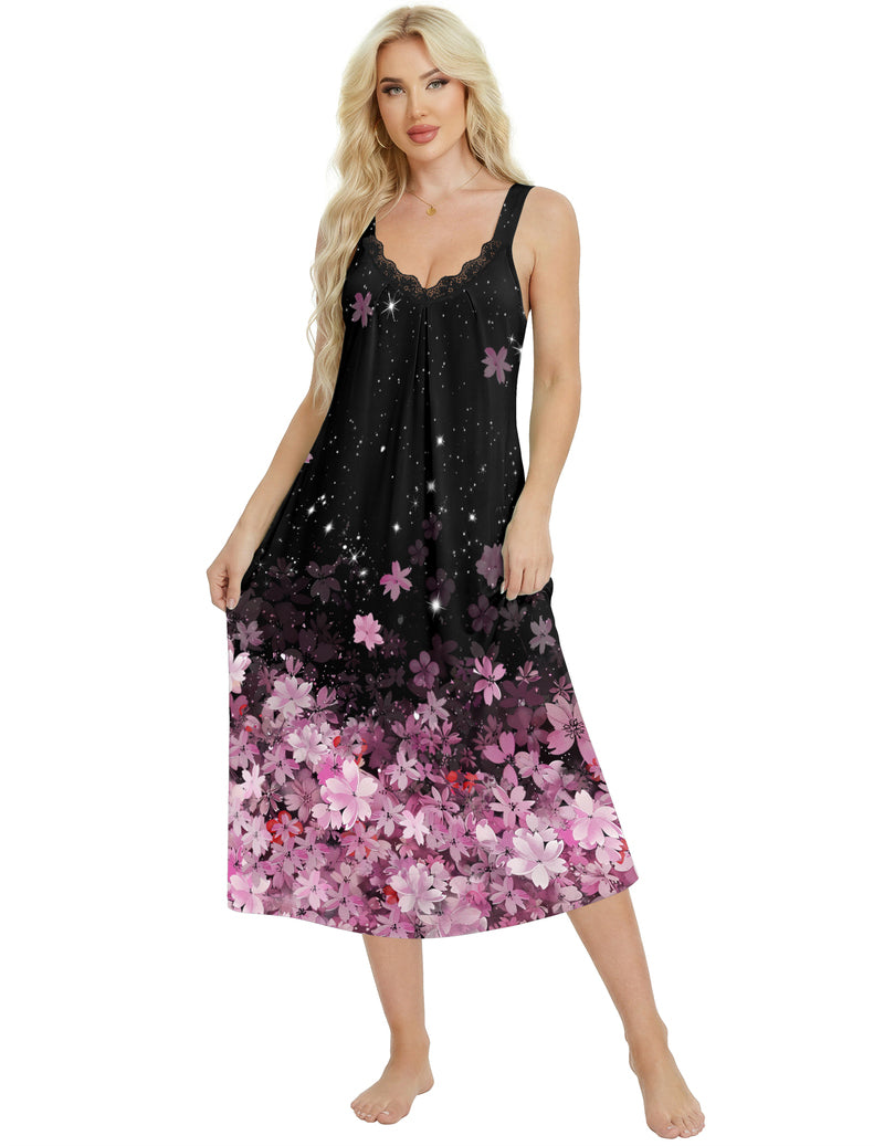 Black sleeveless lace V-neck long nightgown with wide straps and pink floral print