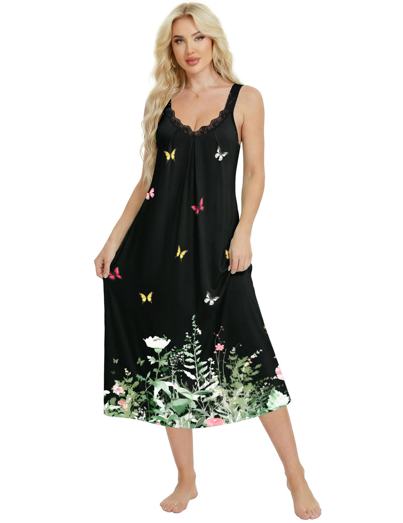 Black sleeveless lace V-neck long nightgown with wide straps and colorful butterfly print