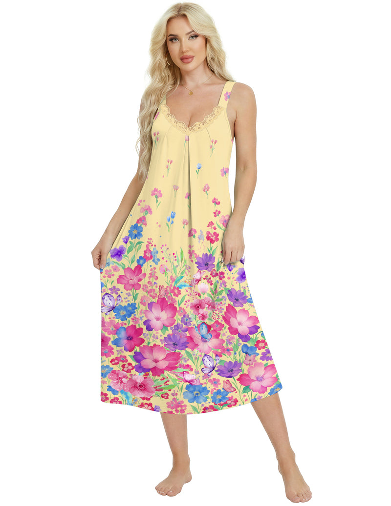Yellow sleeveless lace V-neck long nightgown with wide straps and pink floral print