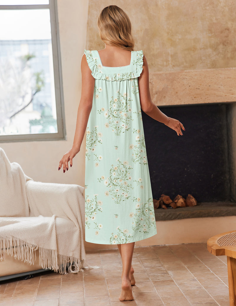 Mint green cotton sleeveless nightgown back view with floral print and ruffled straps