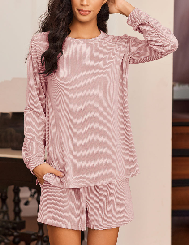 2 Pieces Lounge Set Long Sleeve Pajamas Top and Shorts