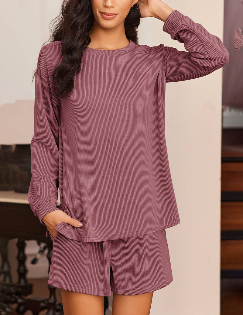 2 Pieces Lounge Set Long Sleeve Pajamas Top and Shorts