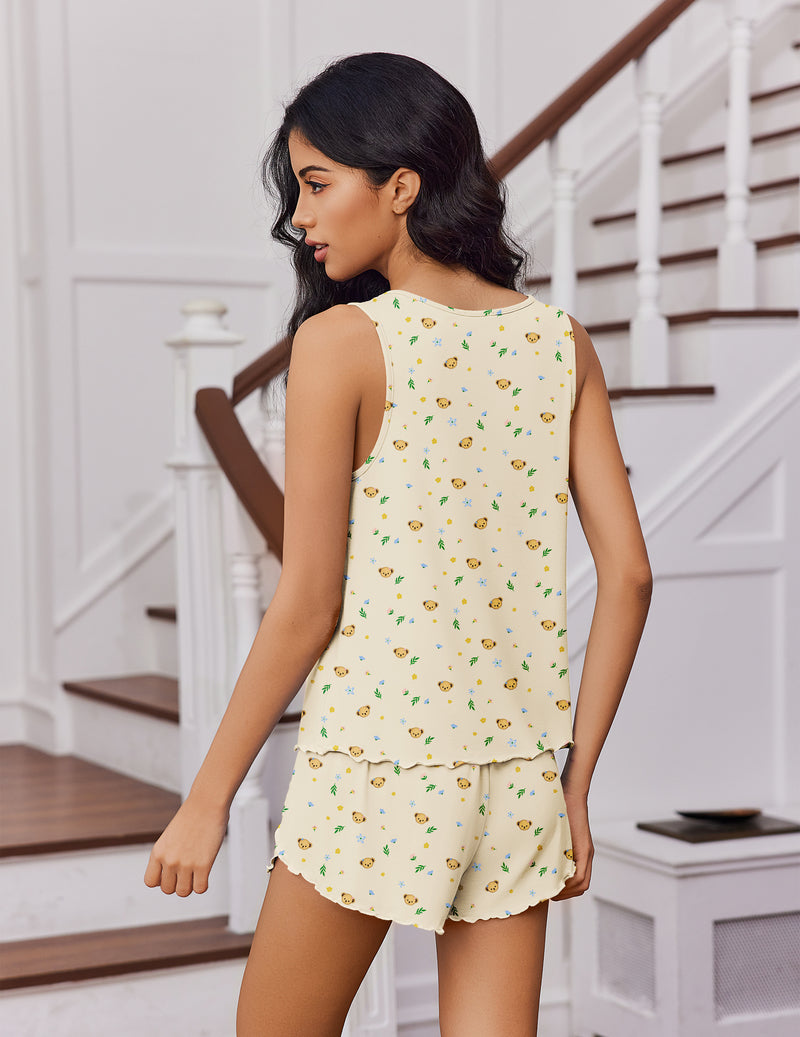 Bamboo viscose pajama set with ruffle cami and split shorts, cream ditsy print