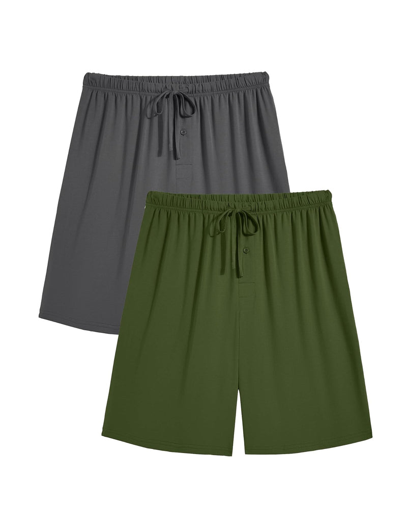 Men's pajama shorts set: dark gray and olive green, drawstring elastic waist