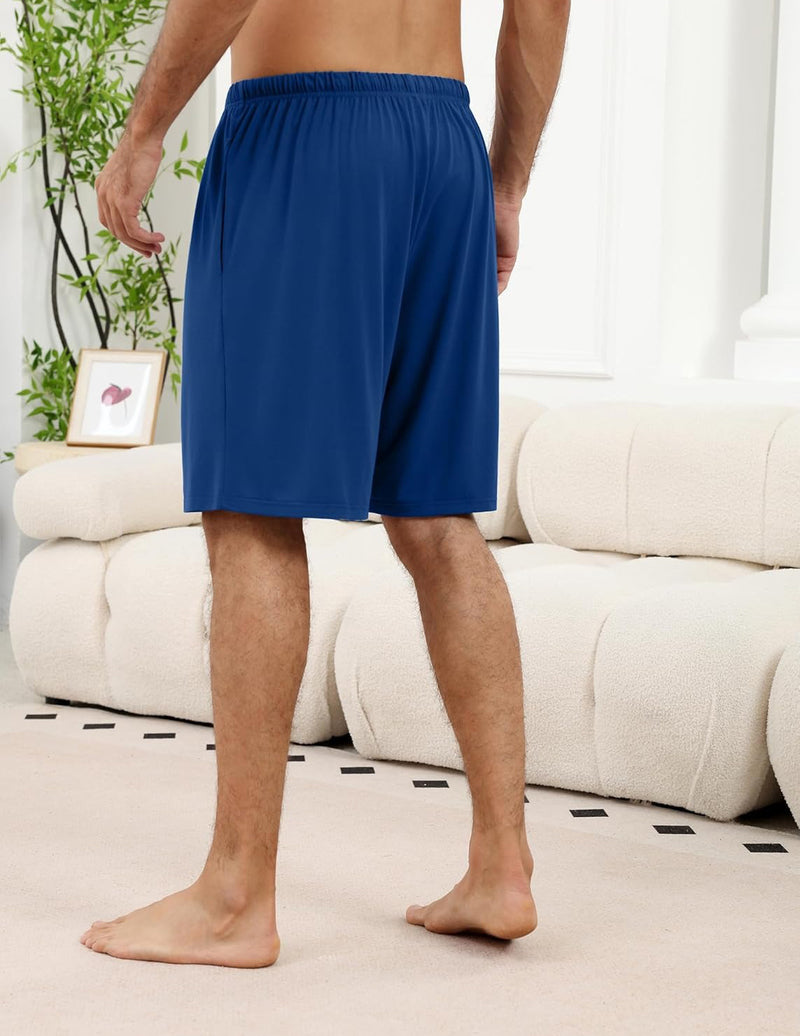 Men's blue pajama shorts with elastic waistband and drawstring, side view