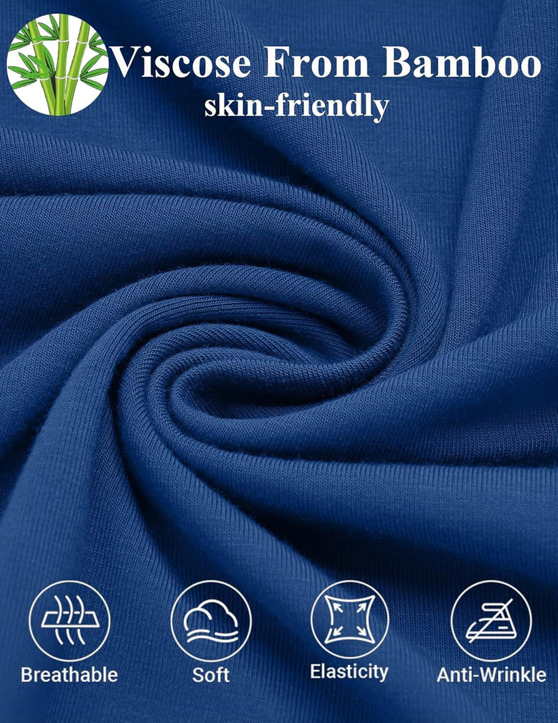 Blue bamboo rayon fabric close-up with breathable, anti-wrinkle stretch icons