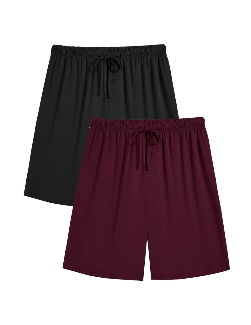 Men's pajama shorts set: black and burgundy, drawstring elastic waist