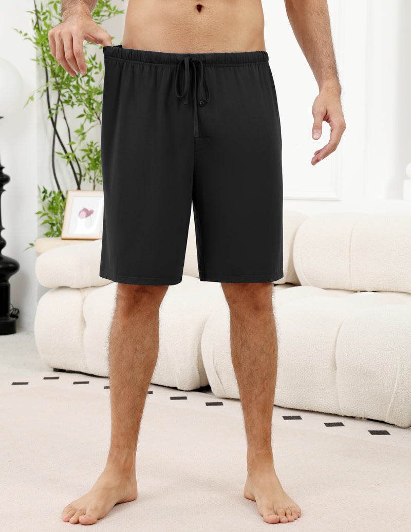 Men's pajama shorts in black with drawstring waistband and loose straight legs.