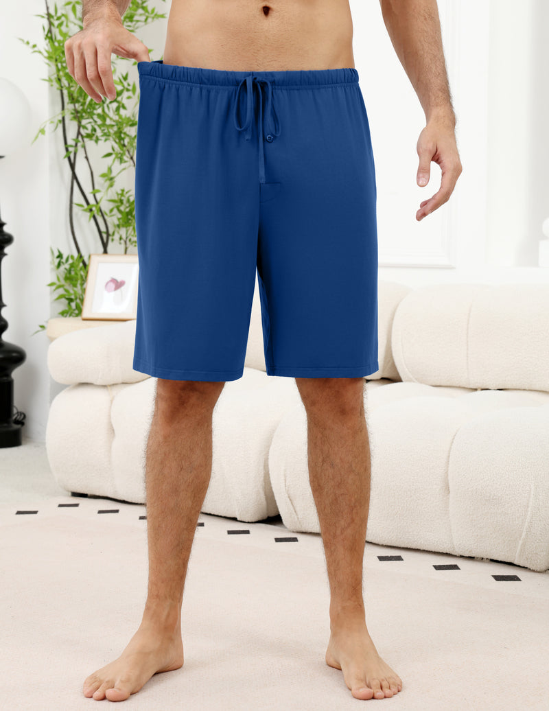 Men's pajama shorts in royal blue, drawstring elastic waist, knee length