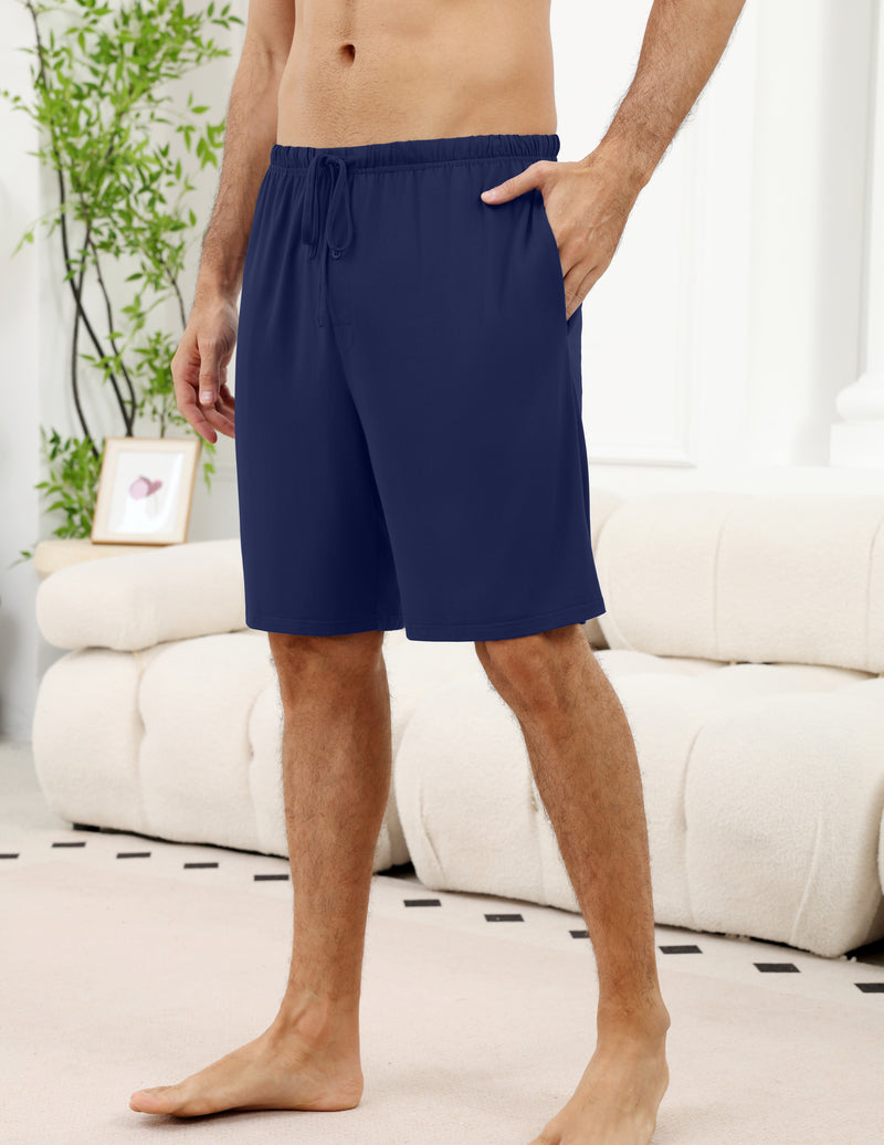 Men's pajama shorts in navy blue, drawstring elastic waist, knee length