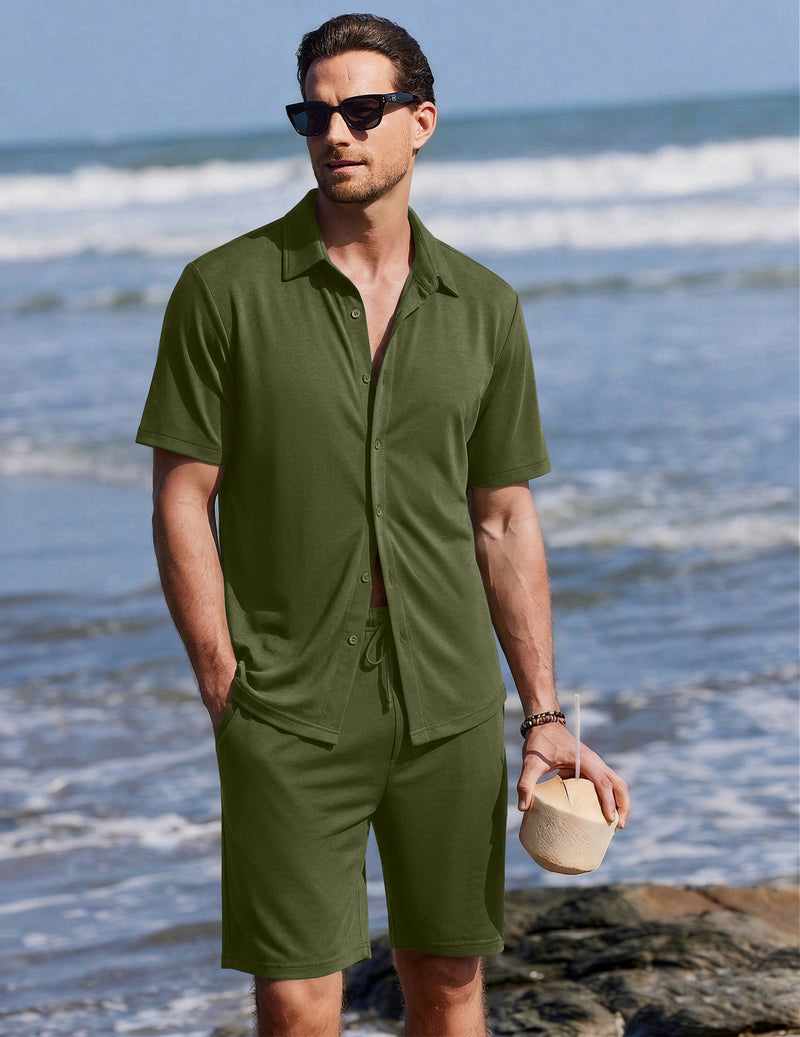Ekouaer Men's 2-Piece Hawaiian Shirt & Shorts Beach Pajamas Set
