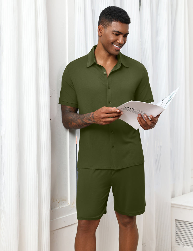 Ekouaer Men's 2-Piece Hawaiian Shirt & Shorts Beach Pajamas Set