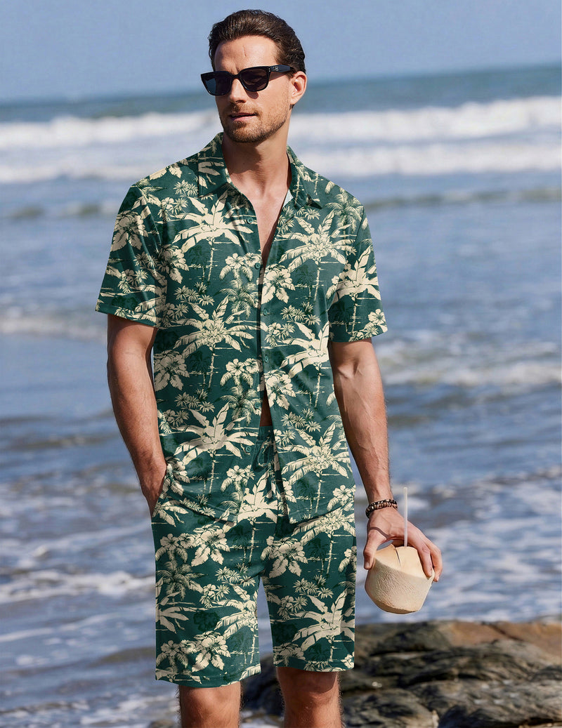 Ekouaer Men's 2-Piece Hawaiian Shirt & Shorts Beach Pajamas Set