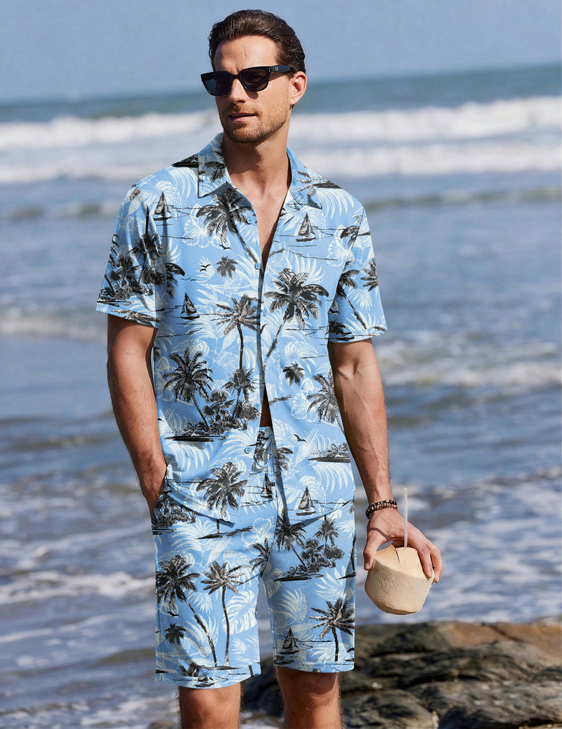 Ekouaer Men's 2-Piece Hawaiian Shirt & Shorts Beach Pajamas Set
