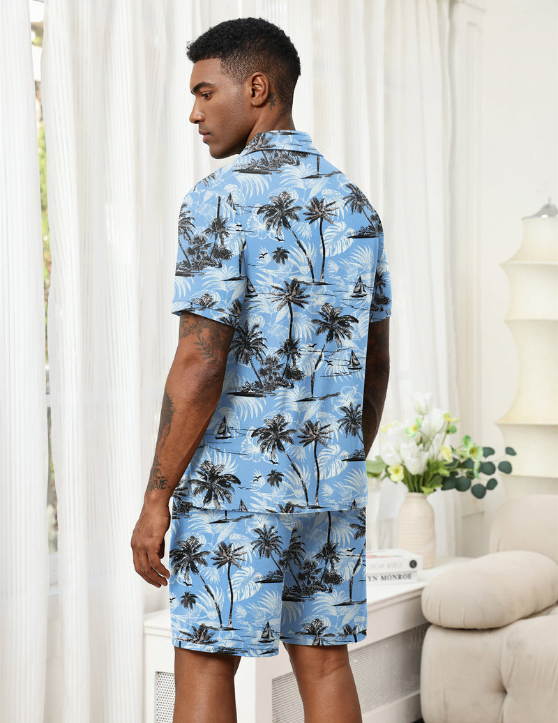 Ekouaer Men's 2-Piece Hawaiian Shirt & Shorts Beach Pajamas Set