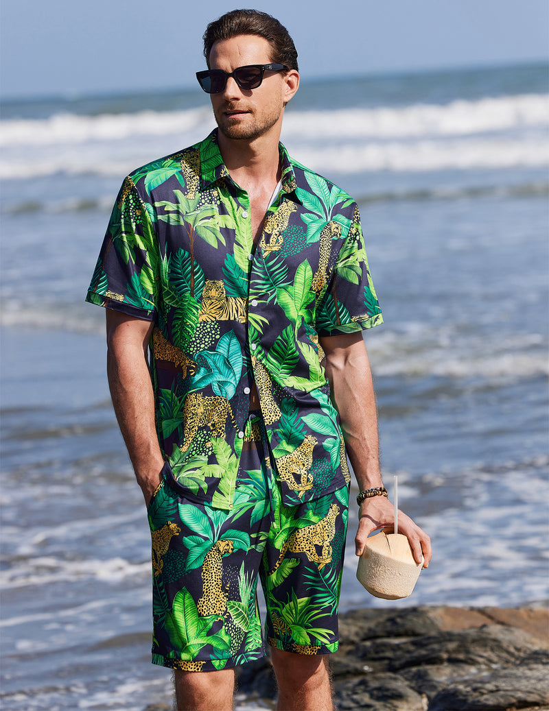 Ekouaer Men's 2-Piece Hawaiian Shirt & Shorts Beach Pajamas Set