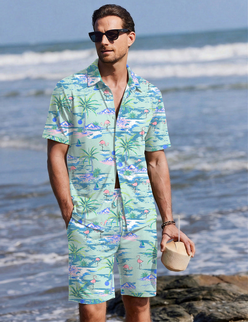 Ekouaer Men's 2-Piece Hawaiian Shirt & Shorts Beach Pajamas Set