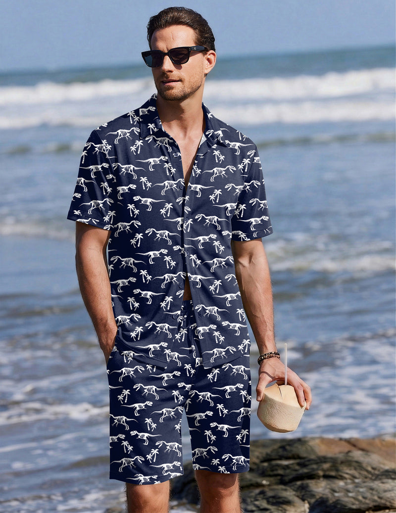 Ekouaer Men's 2-Piece Hawaiian Shirt & Shorts Beach Pajamas Set