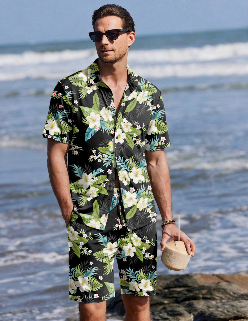 Ekouaer Men's 2-Piece Hawaiian Shirt & Shorts Beach Pajamas Set