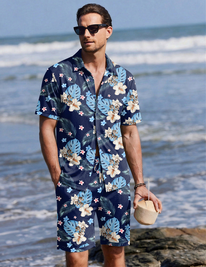 Ekouaer Men's 2-Piece Hawaiian Shirt & Shorts Beach Pajamas Set