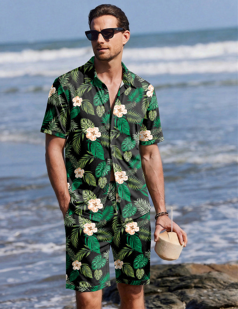Ekouaer Men's 2-Piece Hawaiian Shirt & Shorts Beach Pajamas Set