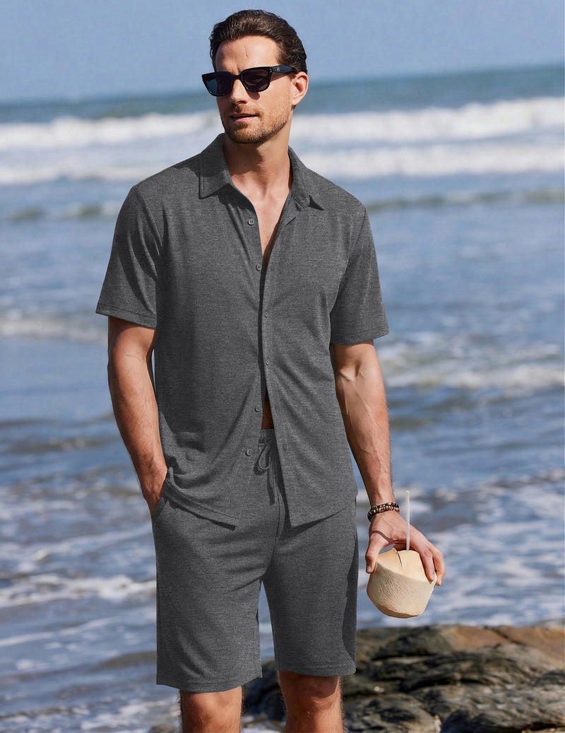 Ekouaer Men's 2-Piece Hawaiian Shirt & Shorts Beach Pajamas Set