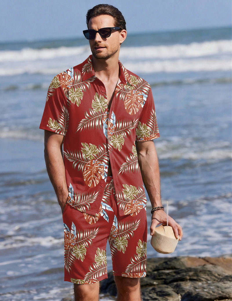 Ekouaer Men's 2-Piece Hawaiian Shirt & Shorts Beach Pajamas Set