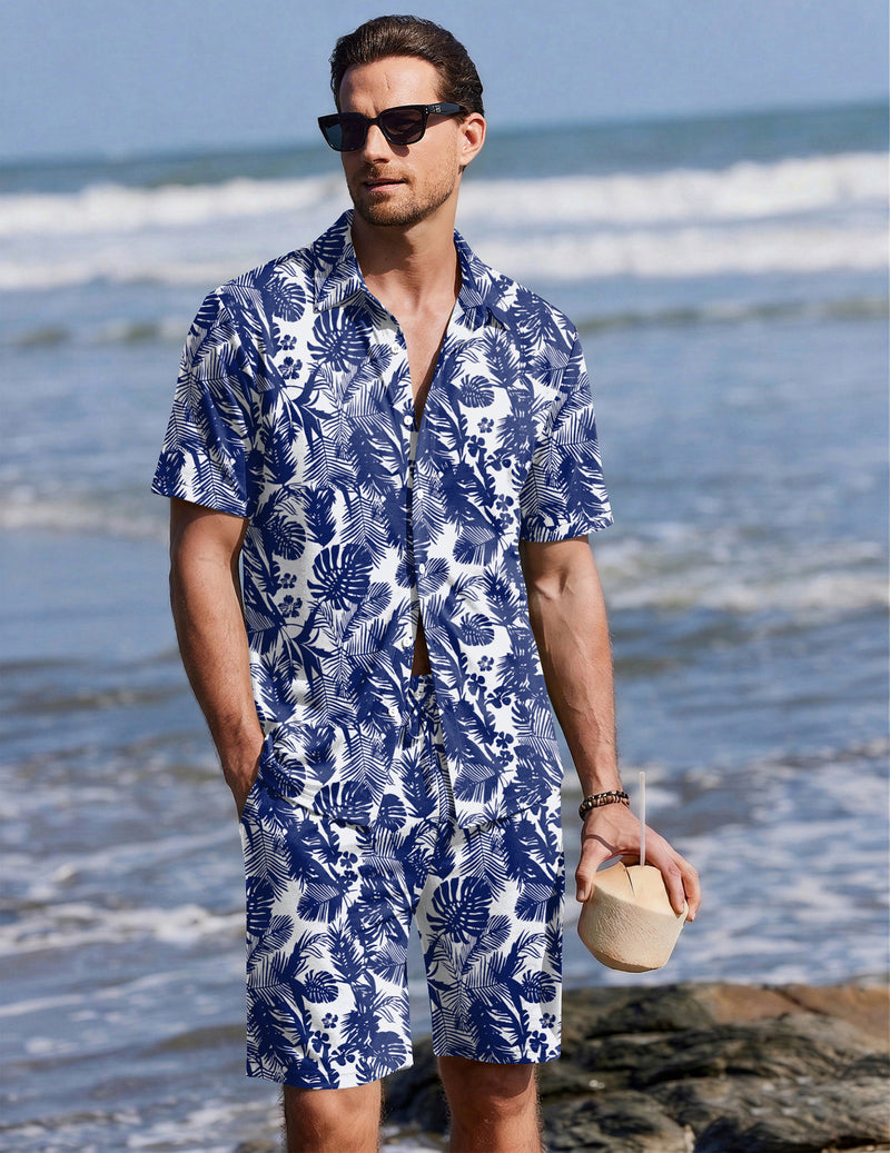 Ekouaer Men's 2-Piece Hawaiian Shirt & Shorts Beach Pajamas Set