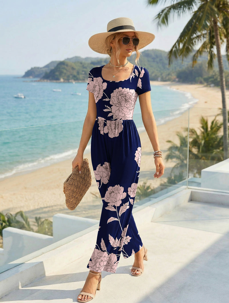 Ekouaer Short Sleeve Wide Leg Summer Romper