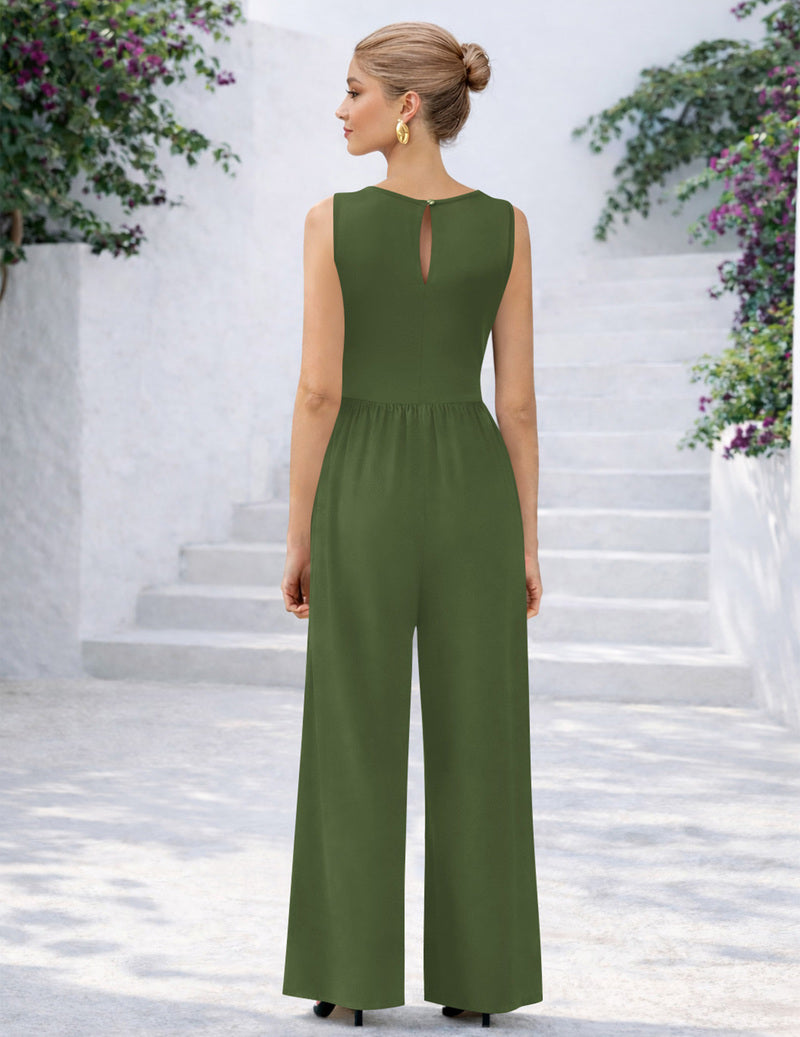 Green sleeveless wide-leg jumpsuit with back keyhole and smocked waist