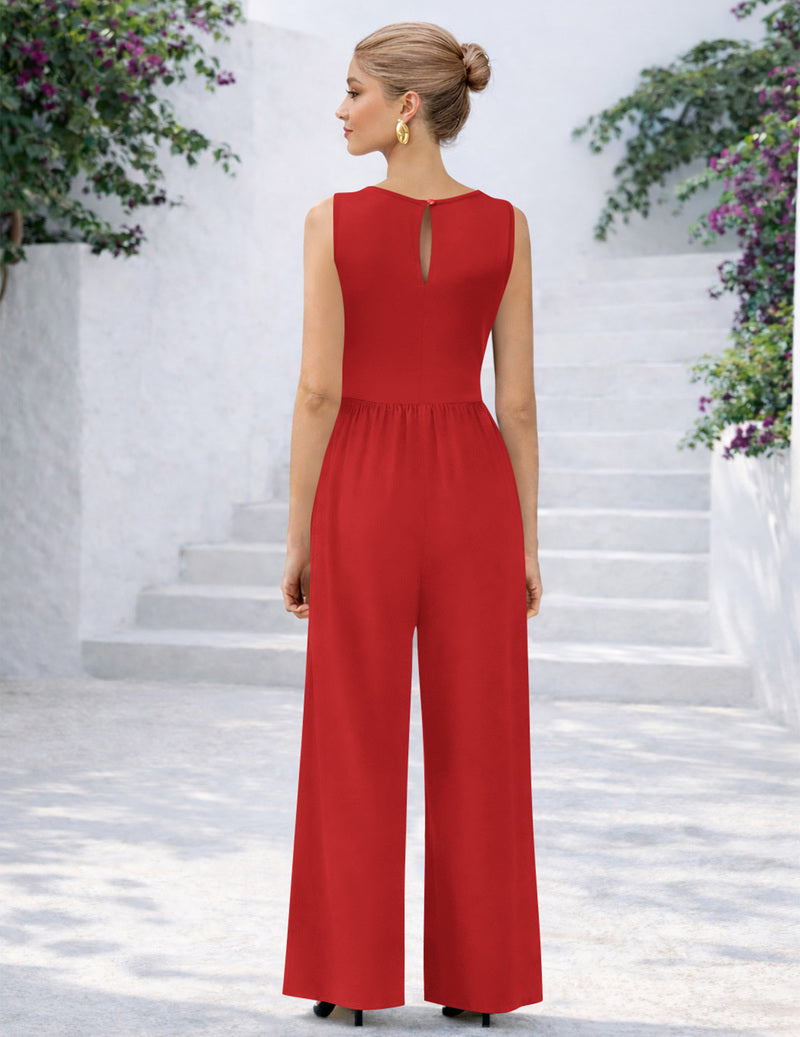Sleeveless red wide-leg jumpsuit with keyhole back
