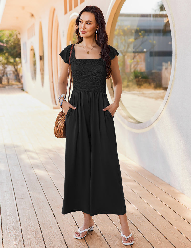 Black smocked wide-leg summer jumpsuit with square neckline and puff sleeves