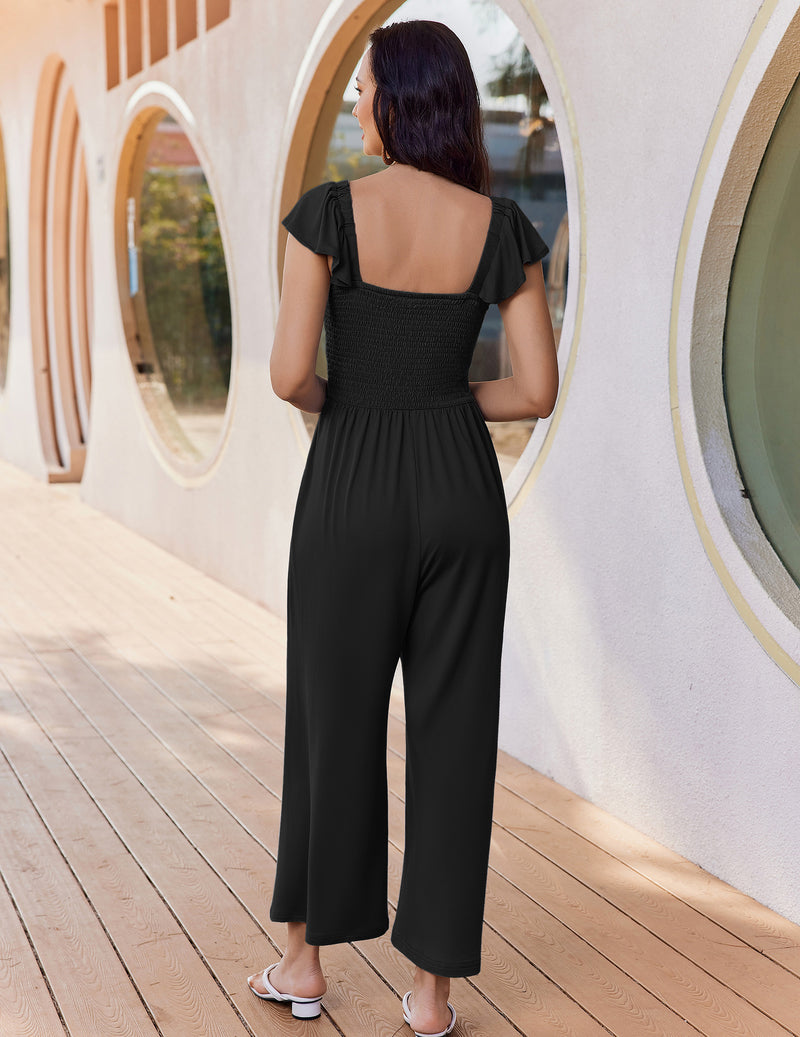 Black smocked wide-leg jumpsuit back view with open square back and puff sleeves