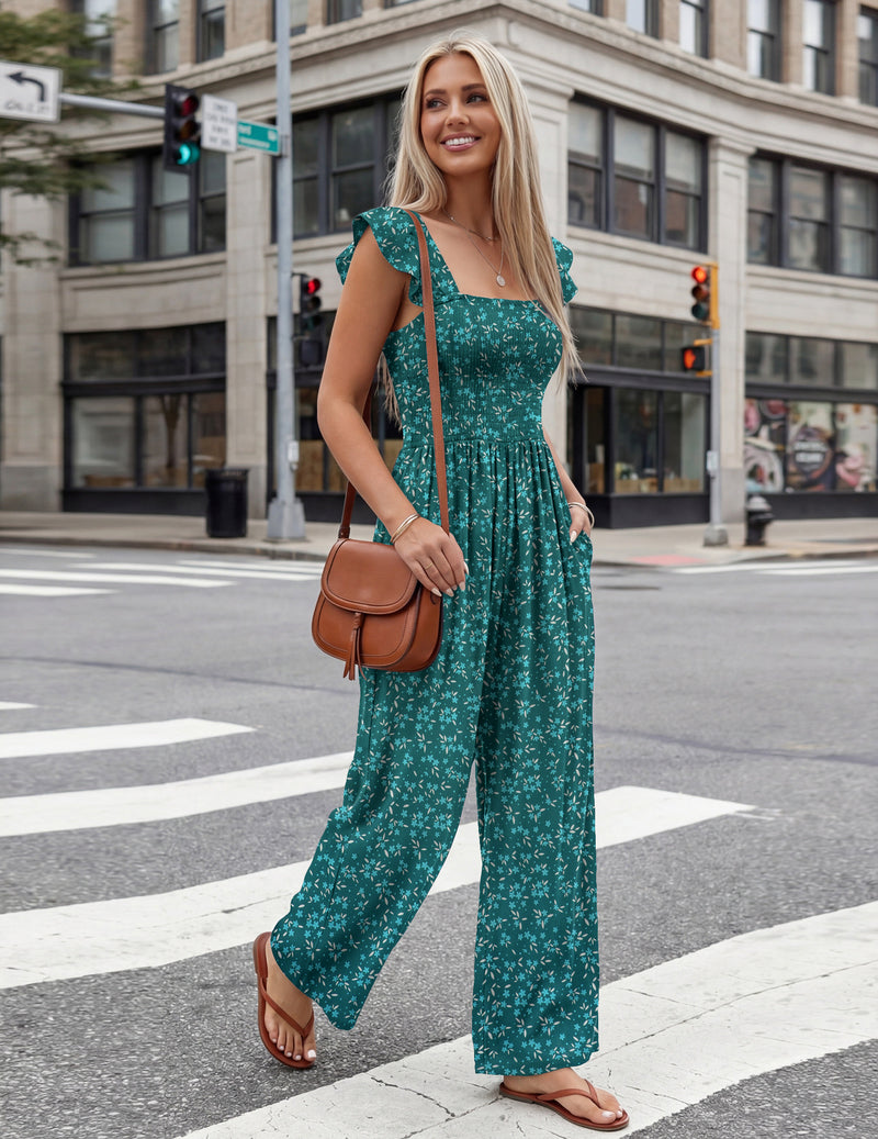 Teal floral smocked wide-leg jumpsuit with square neckline and ruffled cap sleeves