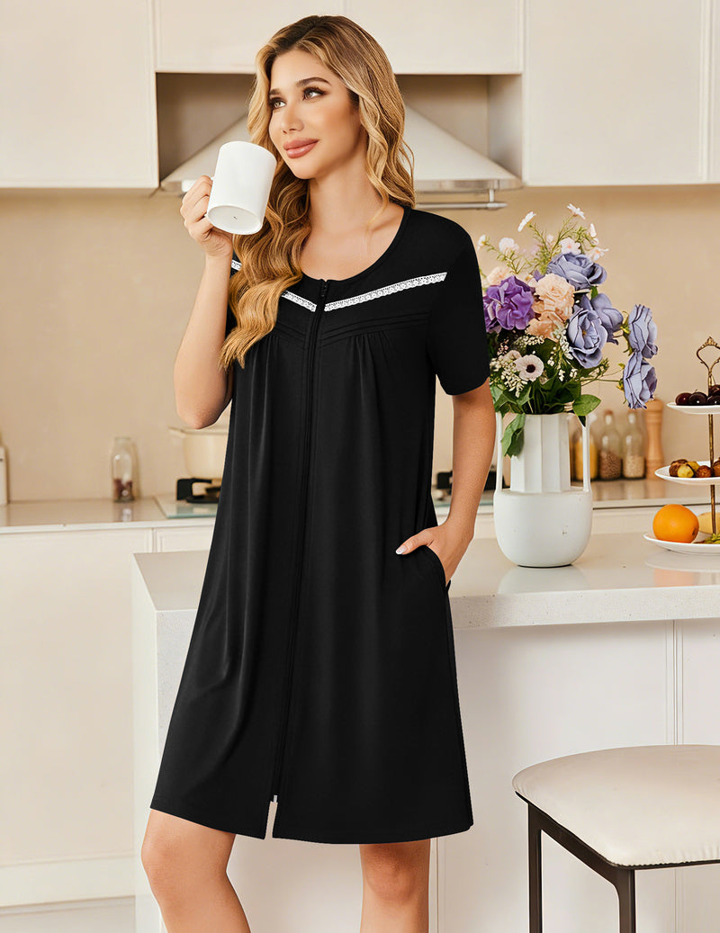 Black short-sleeve house dress with button-front and decorative trim