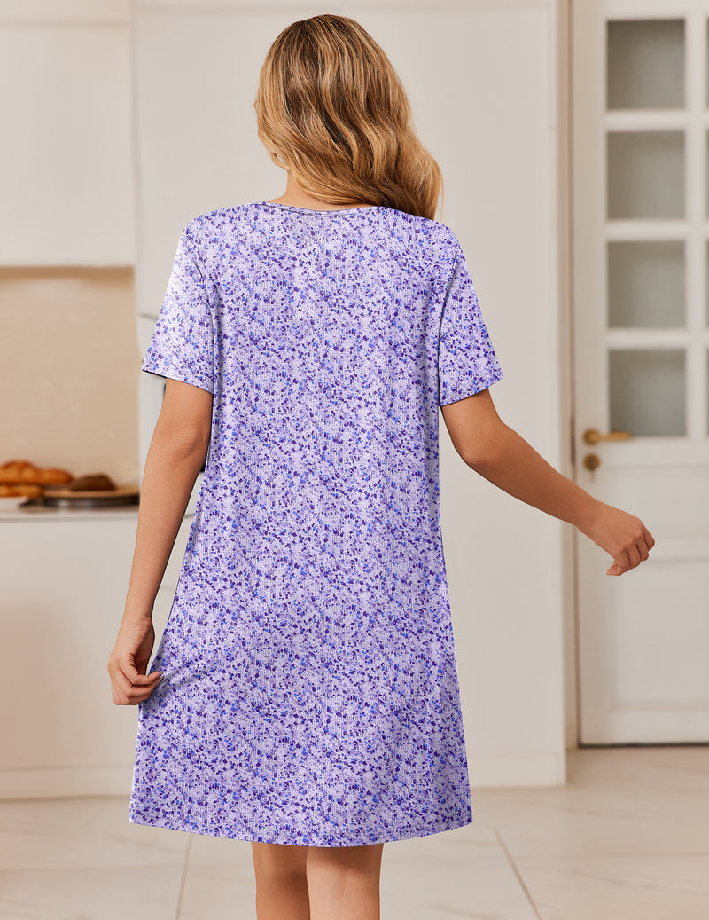 Purple floral short-sleeve house dress with button-front detail