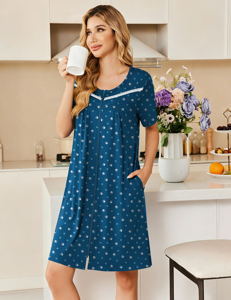 Blue short-sleeve house dress with small white dot print and button-front