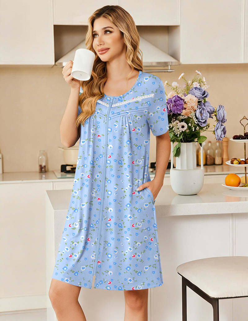 Light blue floral short-sleeve house dress with lace-trim neckline and front placket