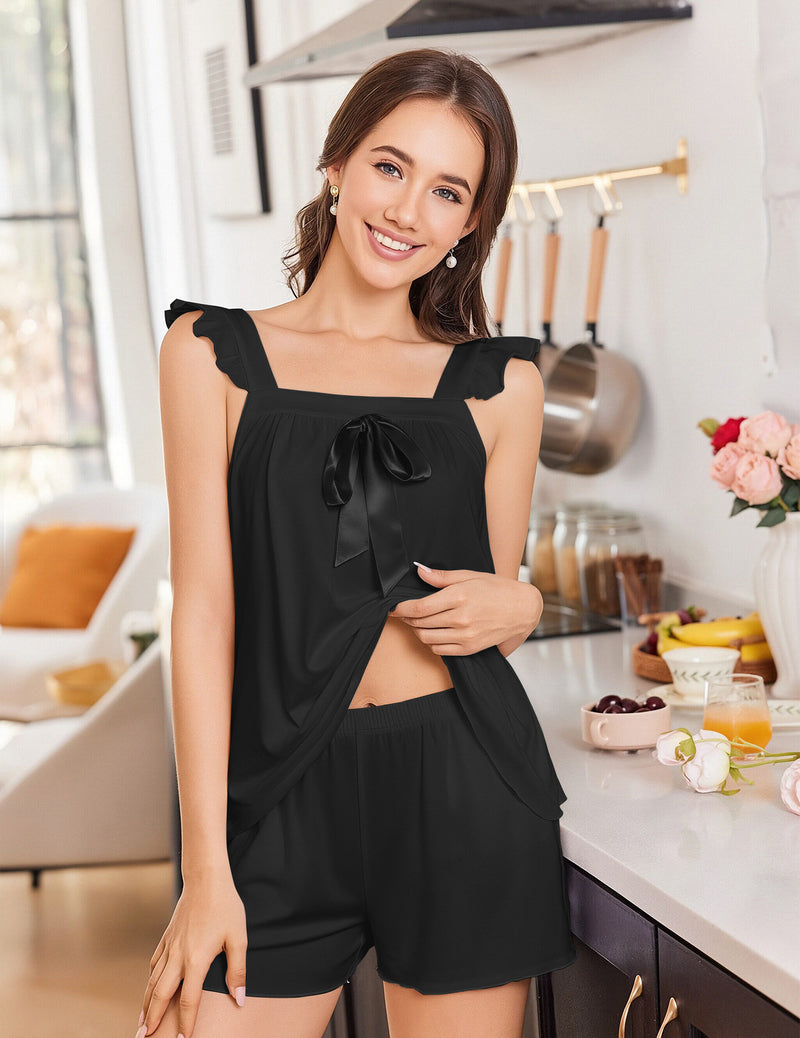 Black ruffle tank and shorts pajama set with bow knot at bodice