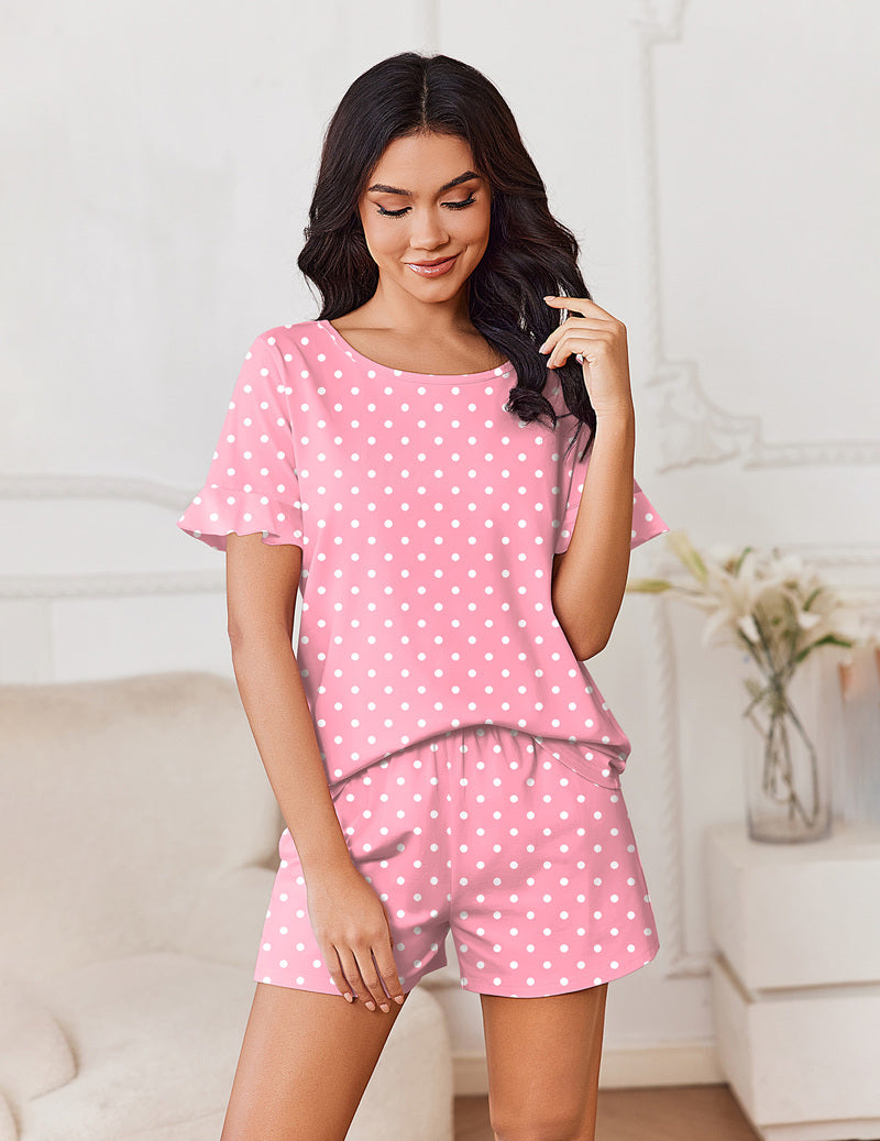 Women’s cotton pajama set with ruffle sleeve top and matching shorts, pink with white polka dots