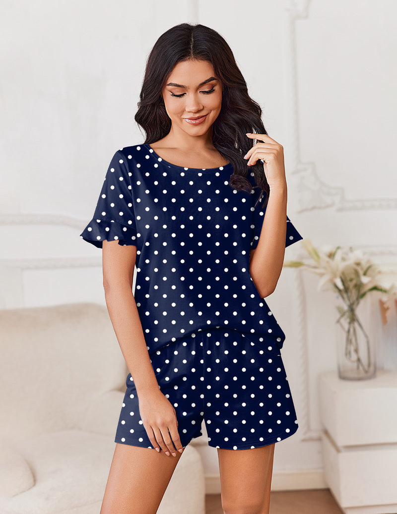 Women’s cotton pajama set with ruffle sleeve top and matching shorts, navy with white polka dots