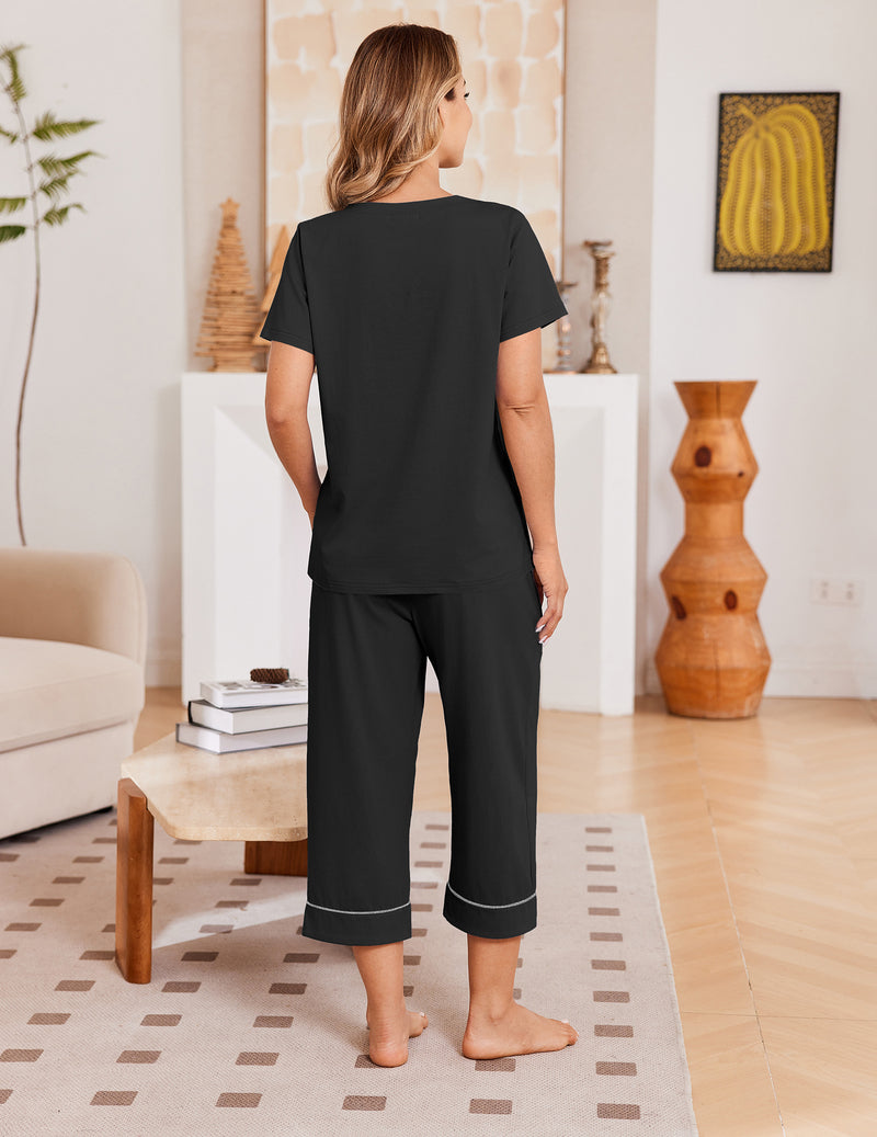 Ekouaer Cotton Pajamas Set Short Sleeve Top & Capri Pants