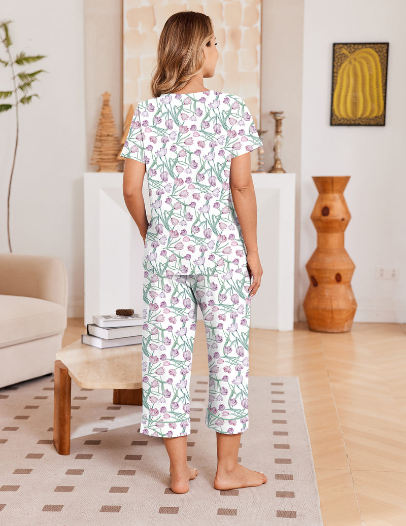 Ekouaer Cotton Pajamas Set Short Sleeve Top & Capri Pants