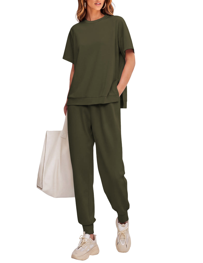 Army green 2-piece lounge set with short-sleeve top and jogger pants