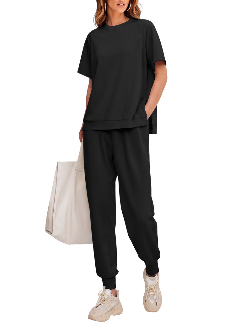 Black 2-piece lounge set with short-sleeve top and jogger pants