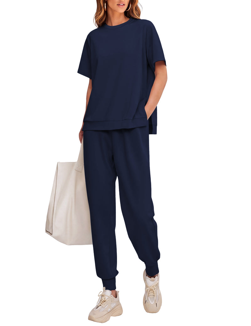 Deep blue 2-piece lounge set with short-sleeve top and jogger pants