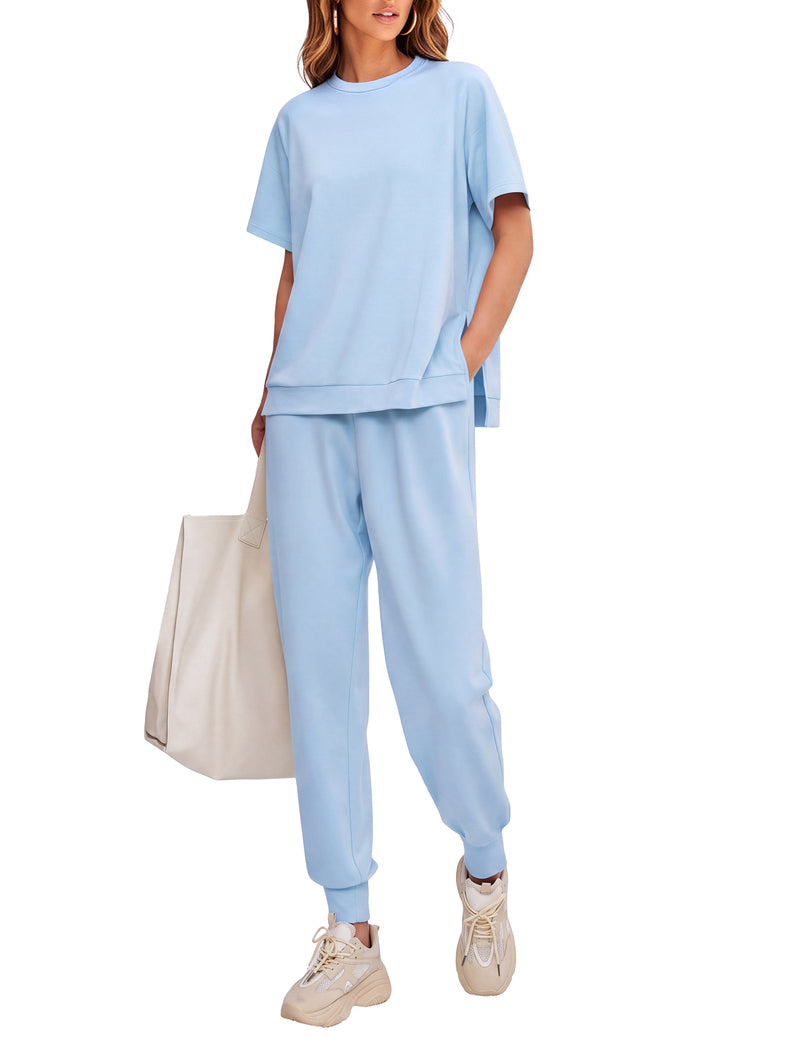 Light blue 2-piece lounge set with short-sleeve top and jogger pants