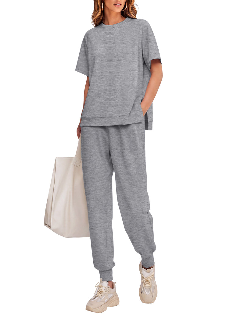 Heather gray 2-piece lounge set with short-sleeve top and jogger pants
