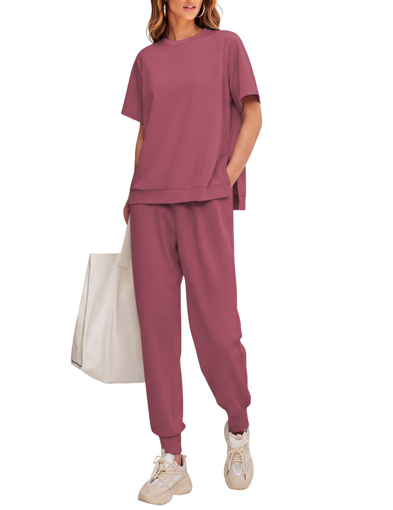 Mauve 2-piece lounge set with short-sleeve top and jogger pants