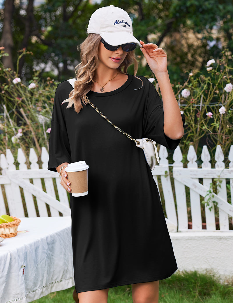 Plus size bamboo nightgown sleep dress in black, off-shoulder neckline, loose fit